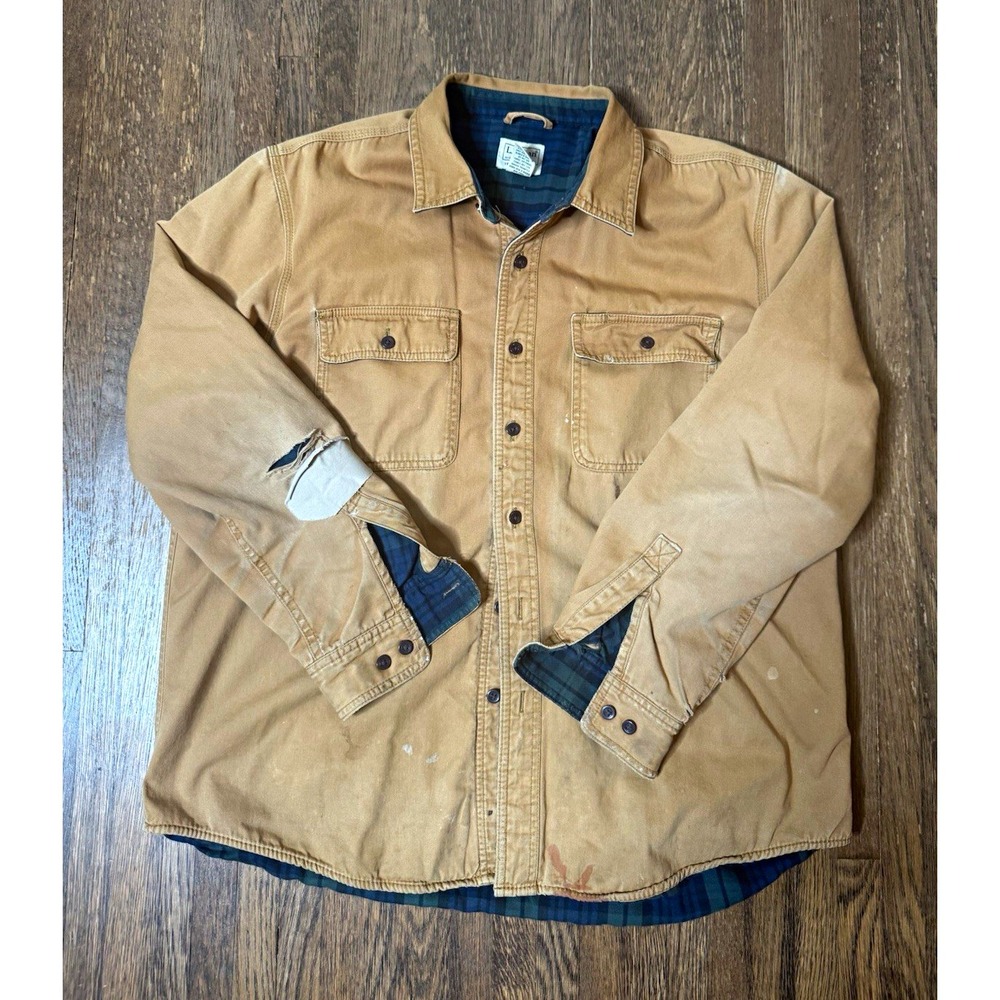 Vintage L.L.Bean Mens L Flannel Lined Canvas Work Jacket Distressed Tan Plaid